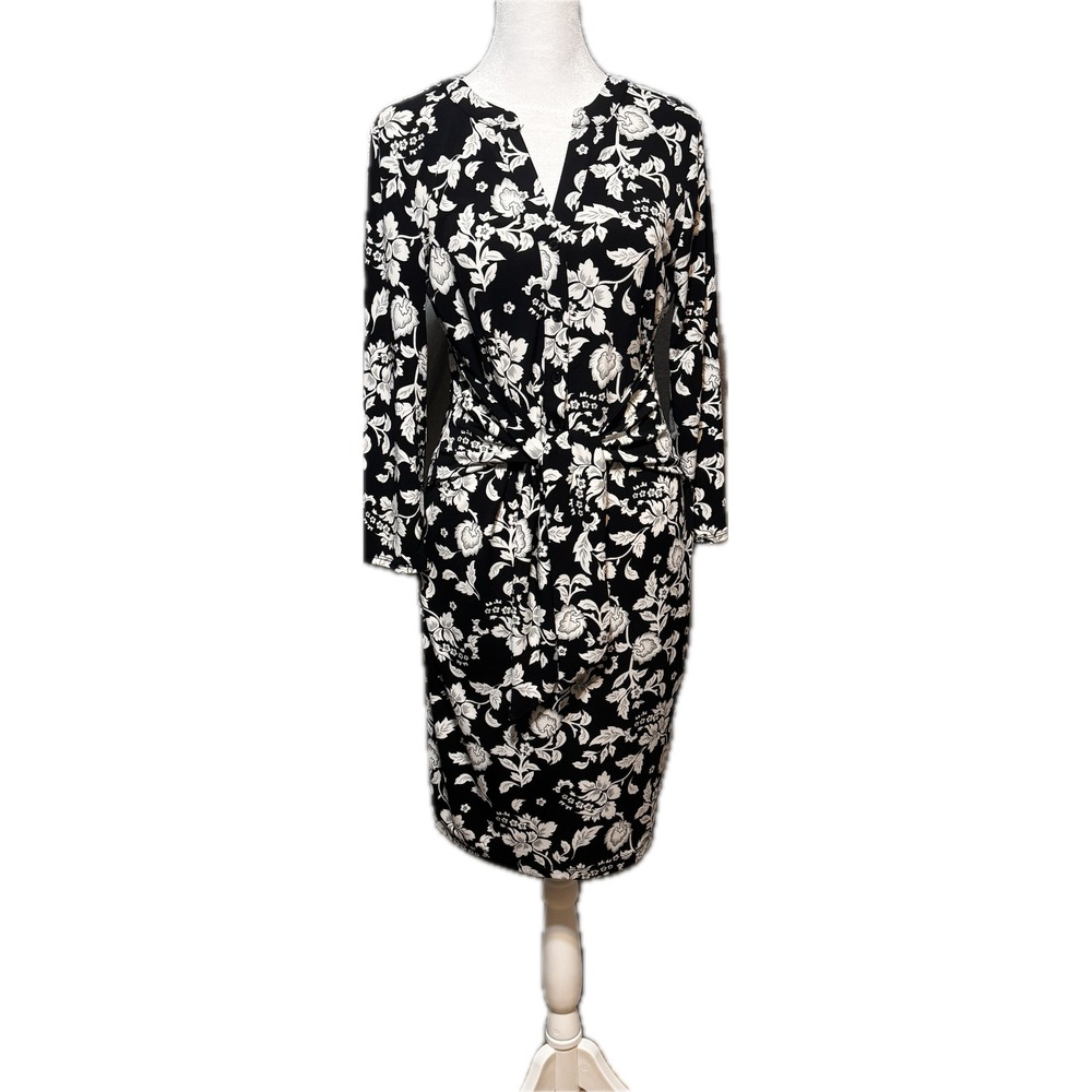 White House Black Market Floral Tie Front Sheath Dress Black White 570312859 S